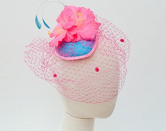 Silk & satin Hibiscus feather headpiece, Luxury veiled tropical pink fascinator, Blue mini hat with veiling