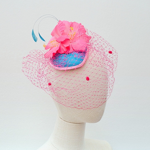 Silk & satin Hibiscus feather headpiece, Luxury veiled tropical pink fascinator, Blue mini hat with veiling