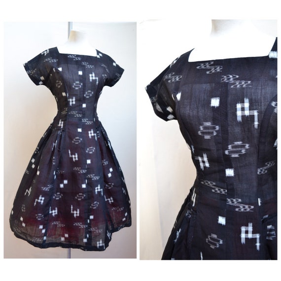 1950s Black & white kasuri Japanese printed dolman