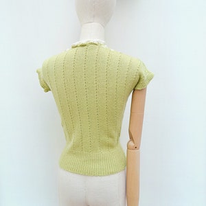 1950s Short sleeved sweater top, 50s soft chartreuse green knit, Handknitted pastel tight jumper XS image 8