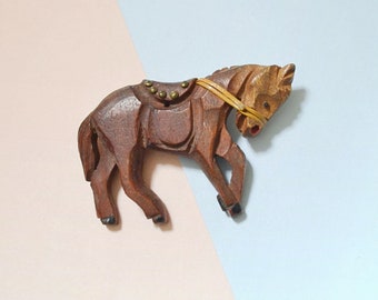 1940s Carved wooden horse brooch, Bakelite era Wood studded donkey, 30s 40s novelty jewellery