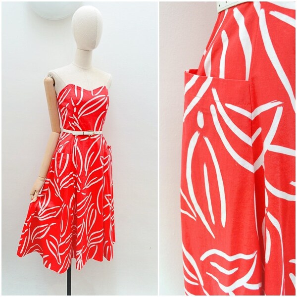 1980s does 50s summer dress, 1950s style cotton sun dress, 80s full skirt with pockets - XS