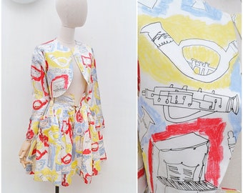 1980s Musical instruments skirt suit, 80s novelty print satin set, Rara bolero two piece - XXS