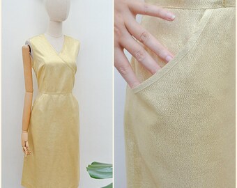 1960s Lamé party dress with pockets, 60s Sleeveless sparkly evening dress, fitted midi - S