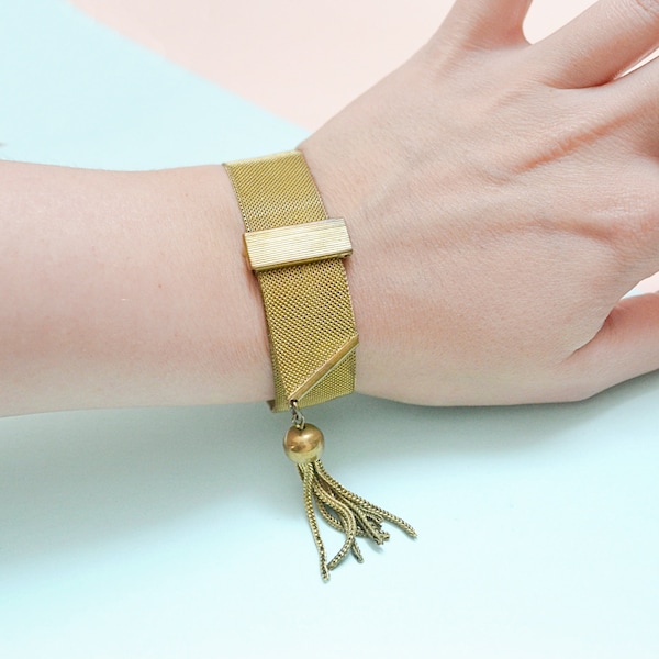 1930s Goldtone mesh tassel bracelet, 30s Art Deco buckled band, Articulated snake jewellery