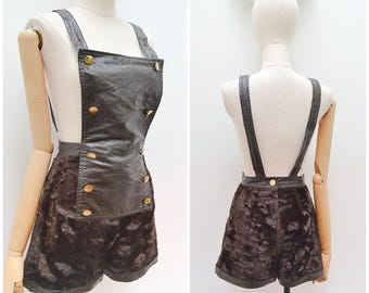 1970s Vinyl & velvet romper, 70s Faux fur dungaree hotpants, Hot pants suit - XS
