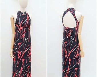 1970s Jantzen long beach dress, 70s high neck open back maxi, Splash print summer dress - XS