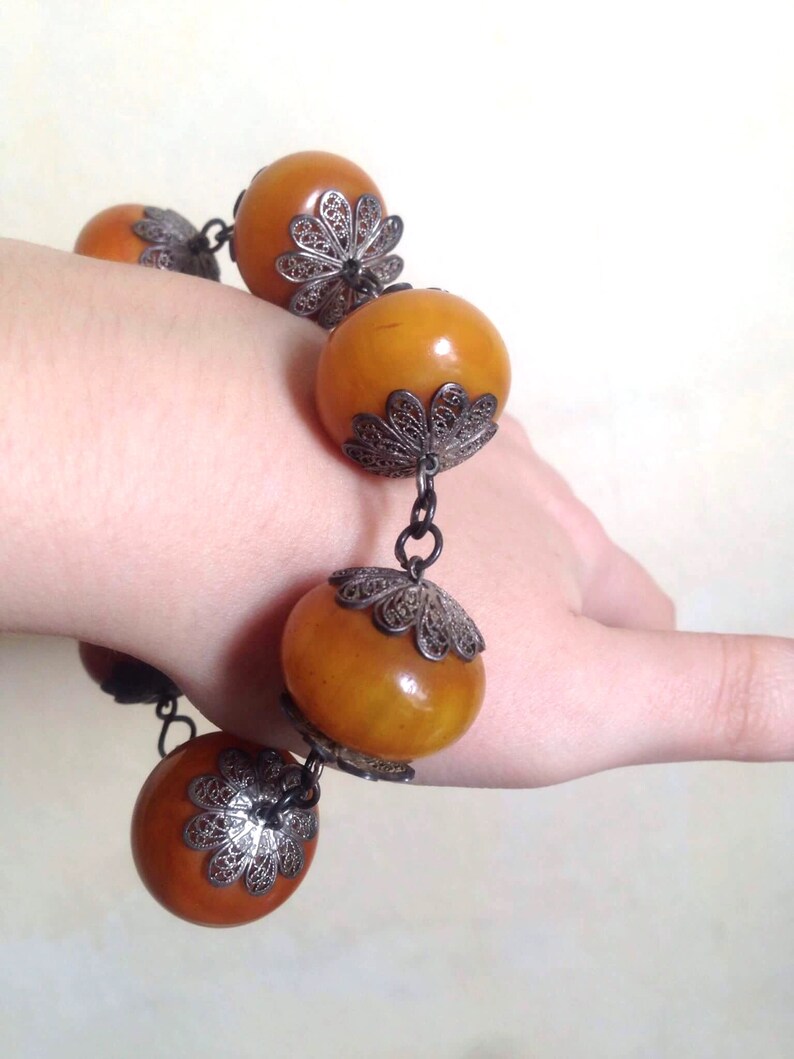 1930s marbled butterscotch Bakelite /& metal bead bracelet 30s faux Amber filigree silver chunky Catalin bracelet