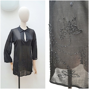 1920s Silk beaded jersey tunic, 20s glass beading loose smock, Antique collared dress top - S