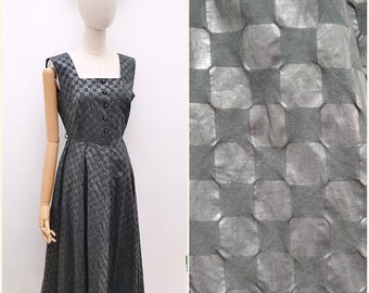 1950s Checkerboard monochrome day dress, 50s Full skirt midi sundress, Sleeveless cotton daywear - S