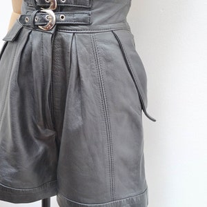 1980s Buckle waist leather shorts, 80s high waisted pleated front, Deep waistband daywearwith pockets S image 3
