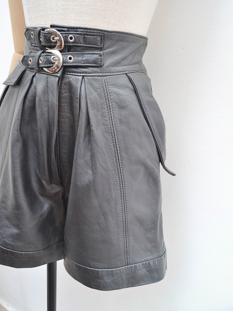 1980s Buckle waist leather shorts, 80s high waisted pleated front, Deep waistband daywearwith pockets S image 3