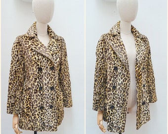 1970s Faux fur leopard print coat, 60s Animal print velvet jacket, Semi fitted short Bickler peacoat - S