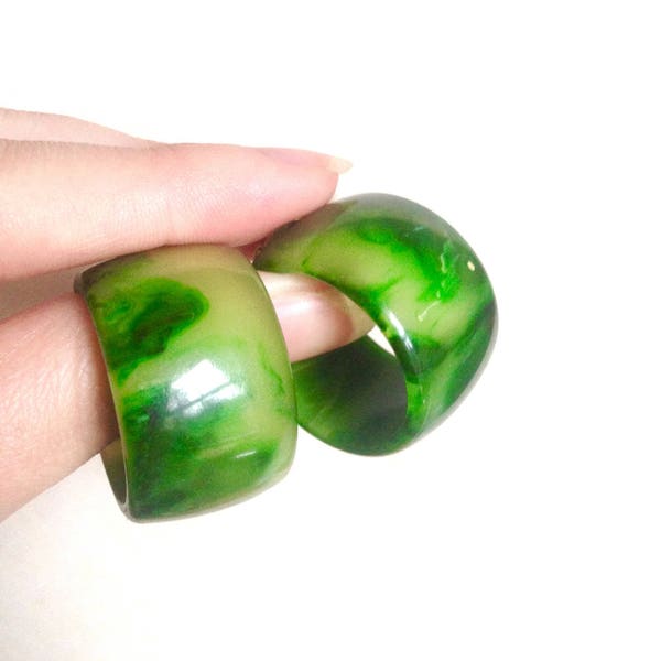 1950s Huge marbled green Bakelite hoop earrings / 50s creamed spinach chunky pierced earrings