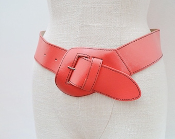 1970s Coral leather hip belt, 70s Big buckle low slung, St Michael original retro accessory XS