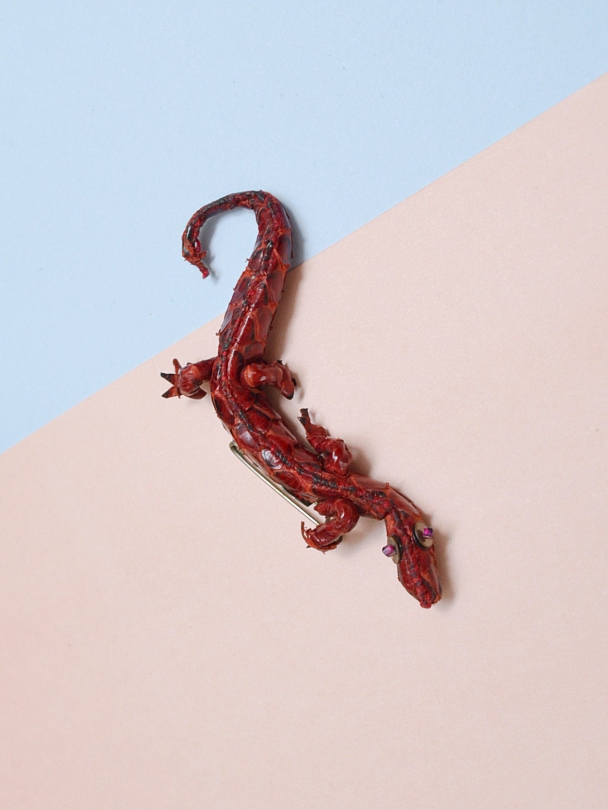 1940s Novelty red lizard skin & sequin handmade lizard brooch  30s 40s leather snakeskin make do and mend style pin