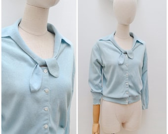 1960s Tie neck 3/4 sleeve cardigan, 60s Pastel soft knit sweater, Original knitwear - S