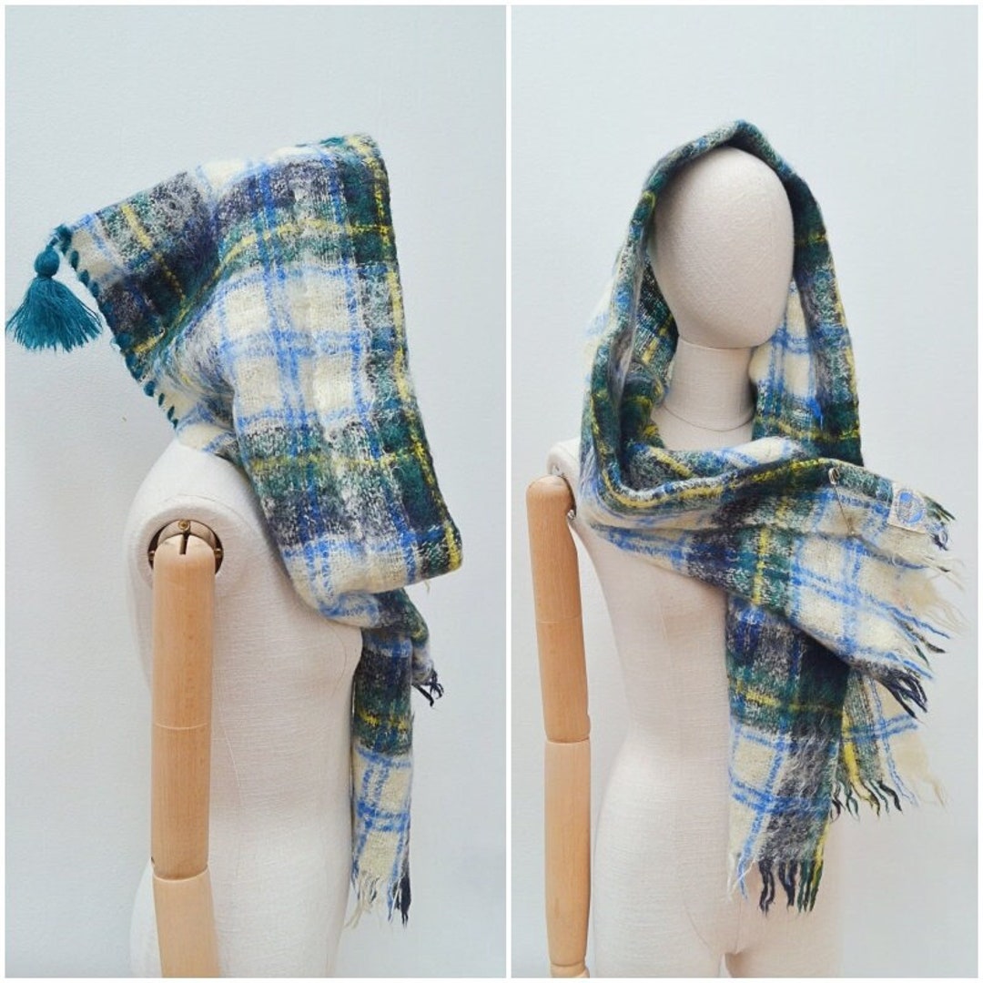 Mohair Pixie Hood Fluffy Scarf, 50s Reworked Woollen Hooded