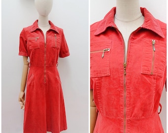 1970s Corduroy zip front dress, 70s Needlecord velvet A line midi - M