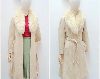 1970s Faux sheepskin collar coat, 70s Wool flare winter outerwear, Woollen tie waist belt - S