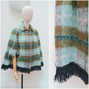 1970s Mohair check collared cape, 70s Strathtay blue wool poncho, fluffy tartan checked jacket - S