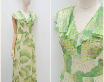 1970s Ruffle shawl collar dress, 70s Bright pastel printed maxi, Full length chiffon party wear - S