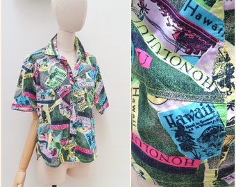 1980s 90s Hawaiian print shirt, 1990s Neon printed cotton top, Unfitted short sleeved blouse - S M