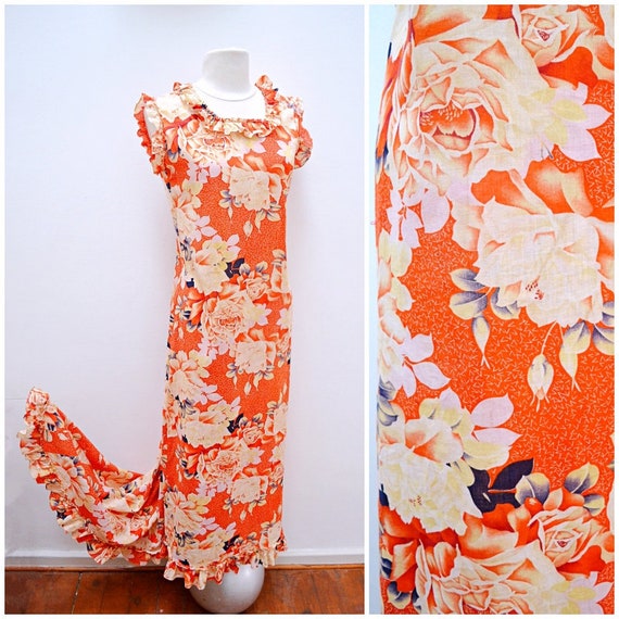 1940s Red cotton rose print Holoku Holomuu style H