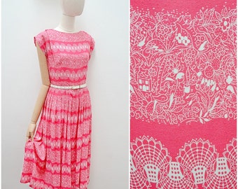 1950s Novelty print bright pink spiderweb rayon day dress / 50s 60s People rural print white fan summer dress - XS