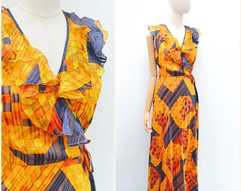 1970s Geometric print long party dress, 70s printed bright slinky maxi, Ruffle V neck evening wear - S M