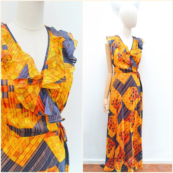 1970s Geometric print long party dress, 70s printed bright slinky maxi, Ruffle V neck evening wear - S M