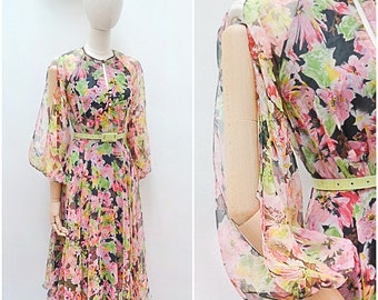 1970s Open sleeve chiffon dress, 70s Floaty keyhole neck eveningwear, Floral pastel balloon sleeve - XS