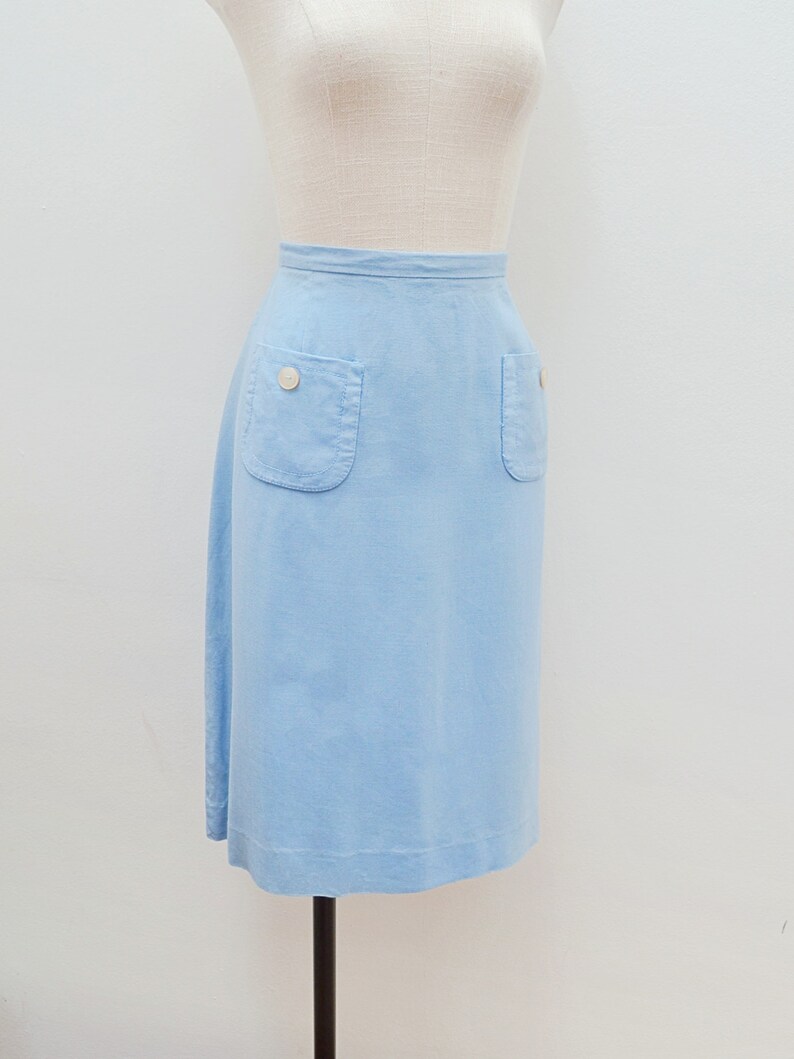 1960s Pale blue day skirt, 60s St Michael straight skirt, Pocket rayon cotton knee length L XL image 2