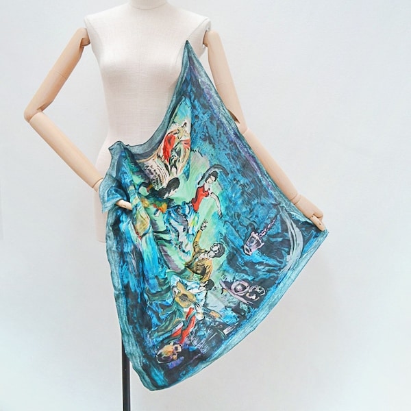 1950s Huge flamenco scene scarf, Novelty print large rayon square, 50s Spanish musicians dancers fabric