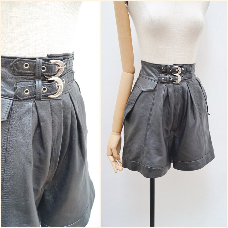 1980s Buckle waist leather shorts, 80s high waisted pleated front, Deep waistband daywearwith pockets S image 1