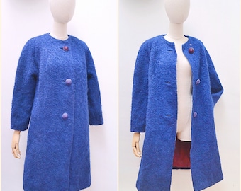 1960s Blue boucle wool coat, 60s Collarless loose fit overcoat, Winter unfitted duster - S