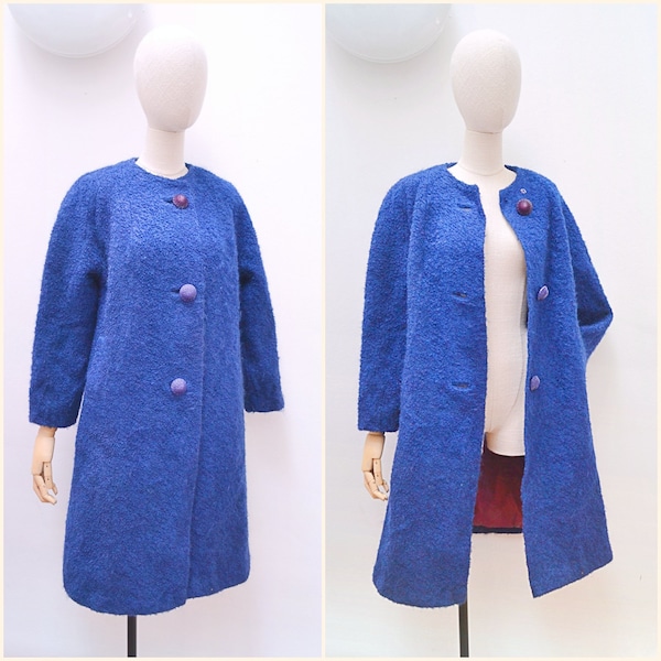 1960s Blue boucle wool coat, 60s Collarless loose fit overcoat, Winter unfitted duster - S