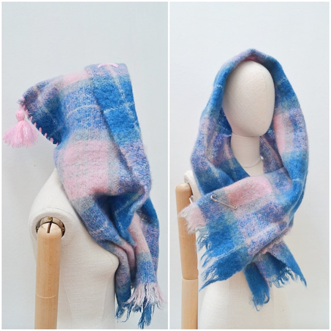 Mohair Pixie Hood Fluffy Scarf, 50s Reworked Woollen Hooded Wrap ...
