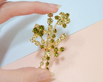 1950s Peridot green rhinestone brooch, 50s Sparkly chartreuse floral spray, 60s pale gold flower pin
