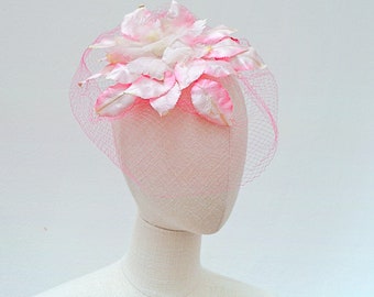 1950s Pink veiled whimsy headpiece, with tinted 50s satin leaves, 60s veiling summer hat