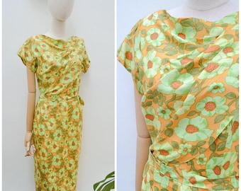1960s Silk printed cocktail dress, 50s Chic bright print midi, Smart casual daywear - S