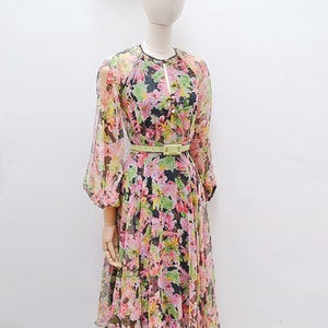 1970s Open sleeve chiffon dress, 70s Floaty keyhole neck eveningwear, Floral pastel balloon sleeve XS image 2