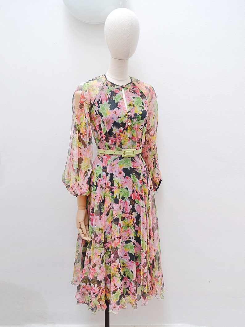 1970s Open sleeve chiffon dress, 70s Floaty keyhole neck eveningwear, Floral pastel balloon sleeve XS image 2