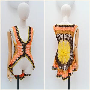 1970s Spiderweb crochet long waistcoat, 70s Crocheted cobweb pattern top, Bright funky retro jacket - XS S
