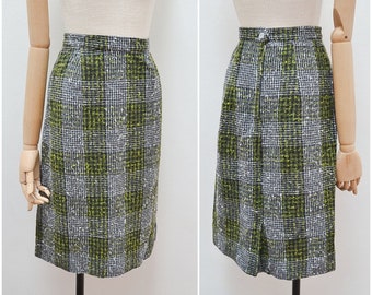 1950s Wool straight day skirt, 1960s Checked plaid woollen daywear, High waist winter wear - XS