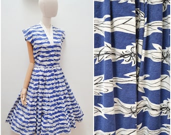 1950s Horrockses printed summer dress, 50s Alastair Morton stripe sundress, Full skirt daywear - S