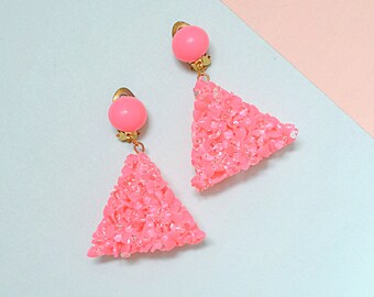 1960s Pink triangular drop earrings, 60s confetti plastic clip ons, Bright acrylic jewellery