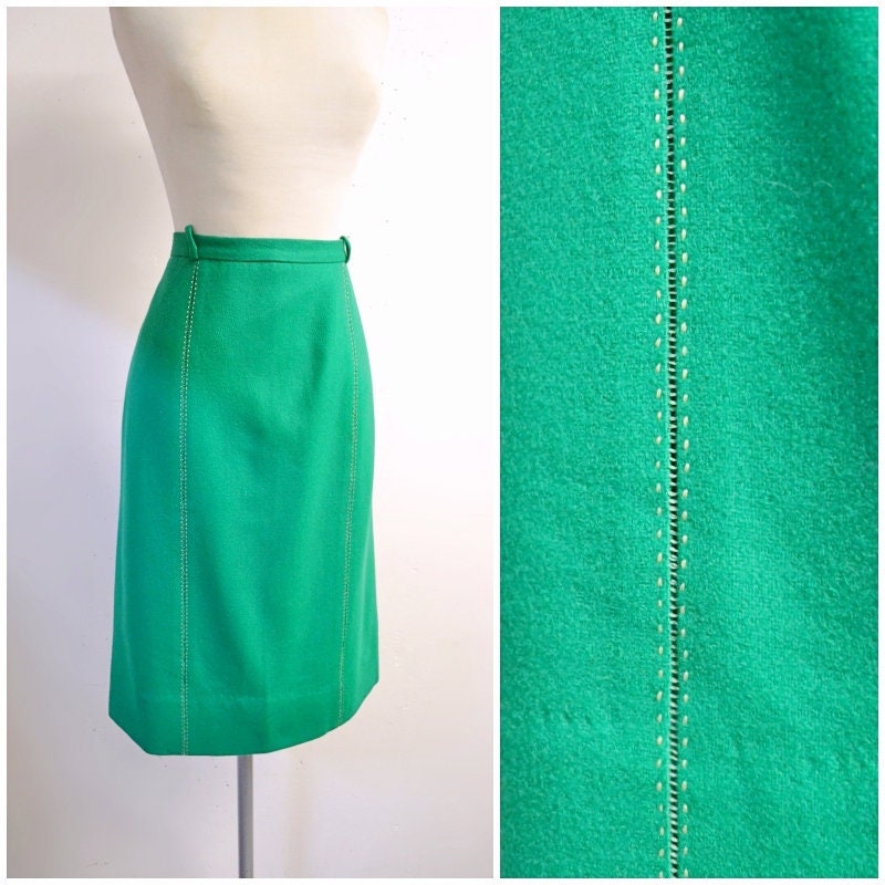 Image of S Kelly Green Embroidered Fagotted Wool Straight Skirt/S Waisted Kerrybrook Openwork Stripe Woollen Winter Day - Xl