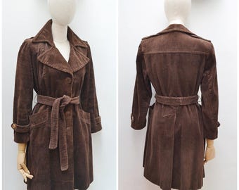 1970s Corduroy wide lapel mackintosh jacket, 70s Velvet belted trench, Spring light coat - XS X