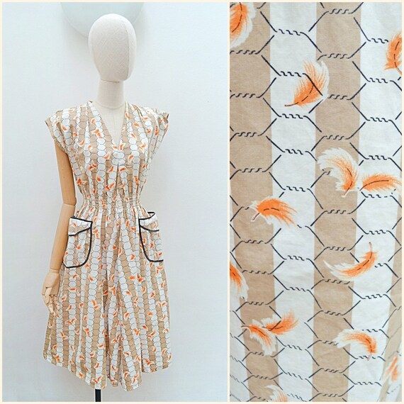 1940s Novelty print cotton dress, 40s Chicken feather… Gem